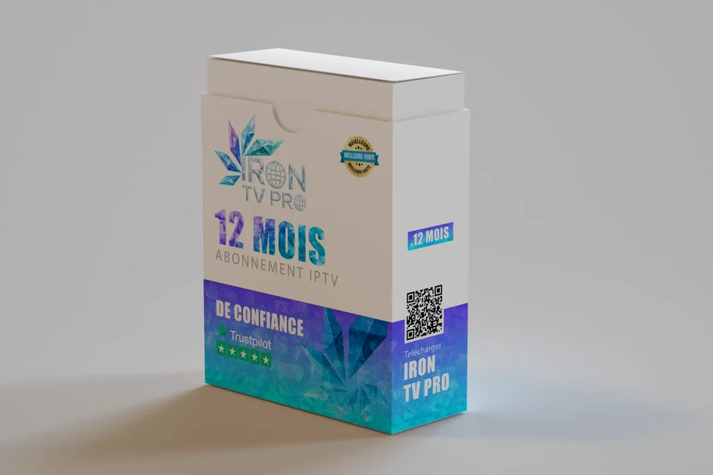 Boîte Abonnement IPTV 12 Mois IRON TV PRO version Diamond avec étiquette Trustpilot et QR Code de téléchargement