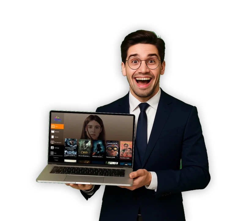 Homme souriant en costume tenant un ordinateur portable affichant l'application Iron TV Pro APK avec films et séries — abonnement IPTV inclus.